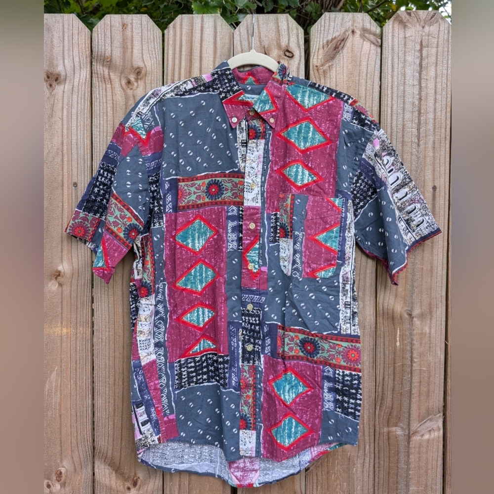 Vintage Natural Issue Feldini Abstract Multicolor Patchwork Button Down Shirt